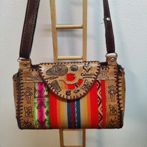 Peruvian Leather Tooled Bag Small Purse Woven Textile Women crossbody Tear Drop